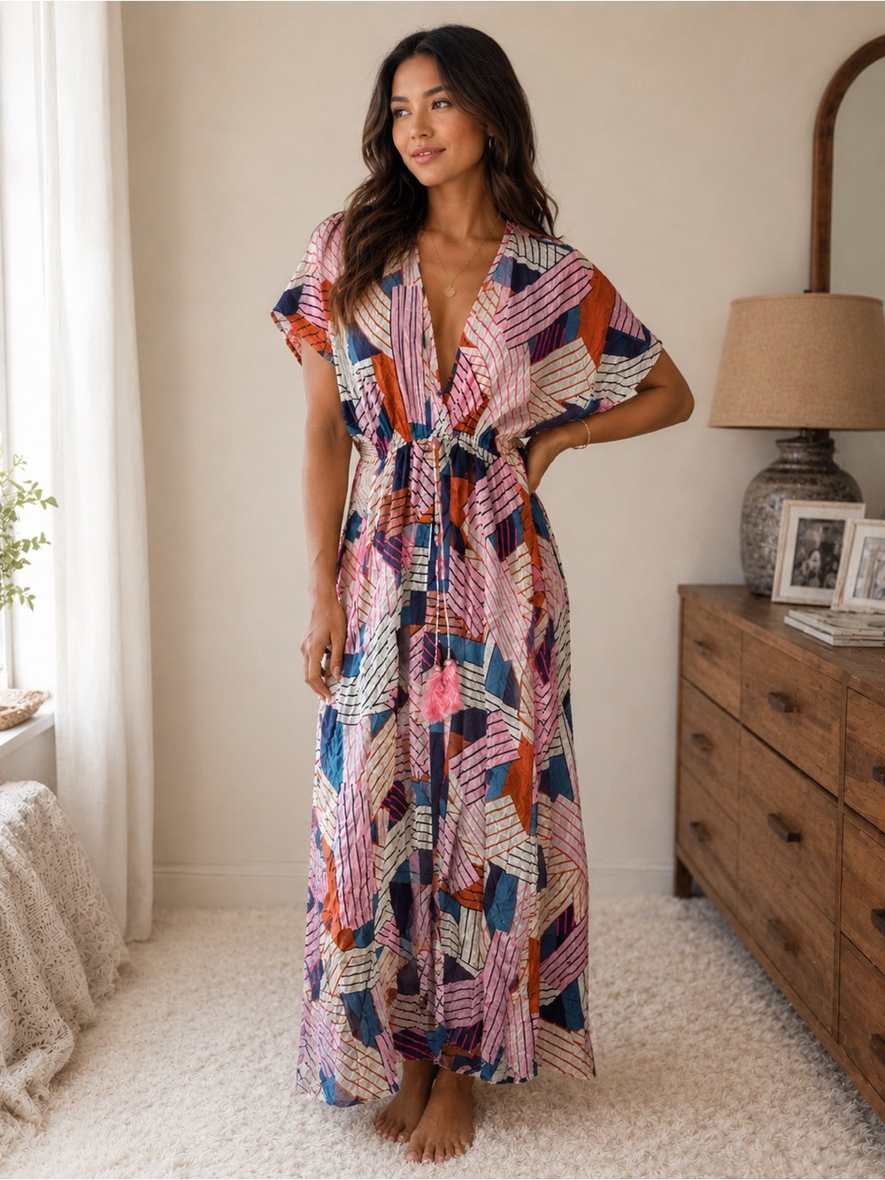 cooper & ella Pink Multi-Color Geometric V-Neck Maxi Dress boho coverup